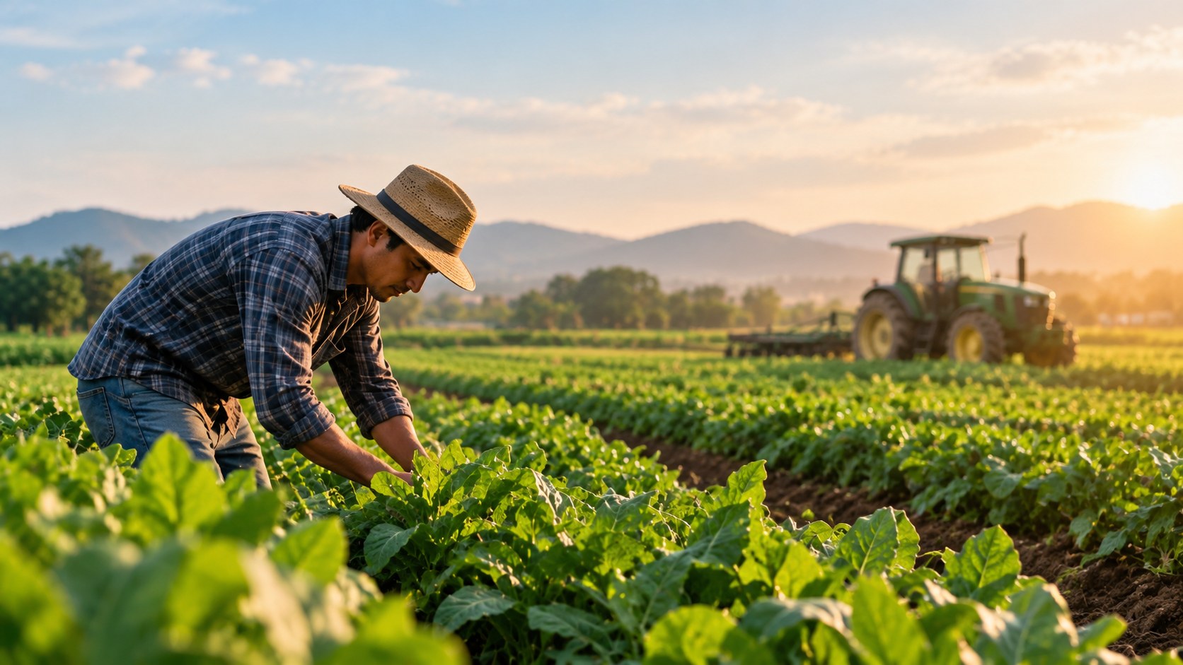 Farm worker tending crops with a tractor in the field