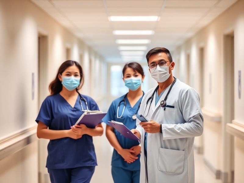 Healthcare professionals in a hospital corridor