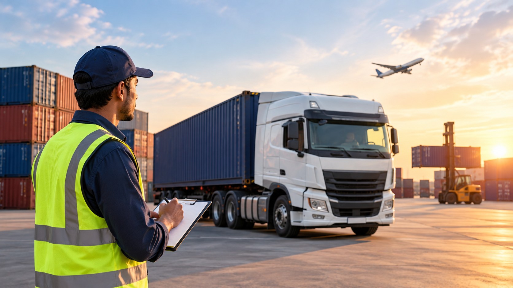 Logistics worker inspecting containers at a freight yard