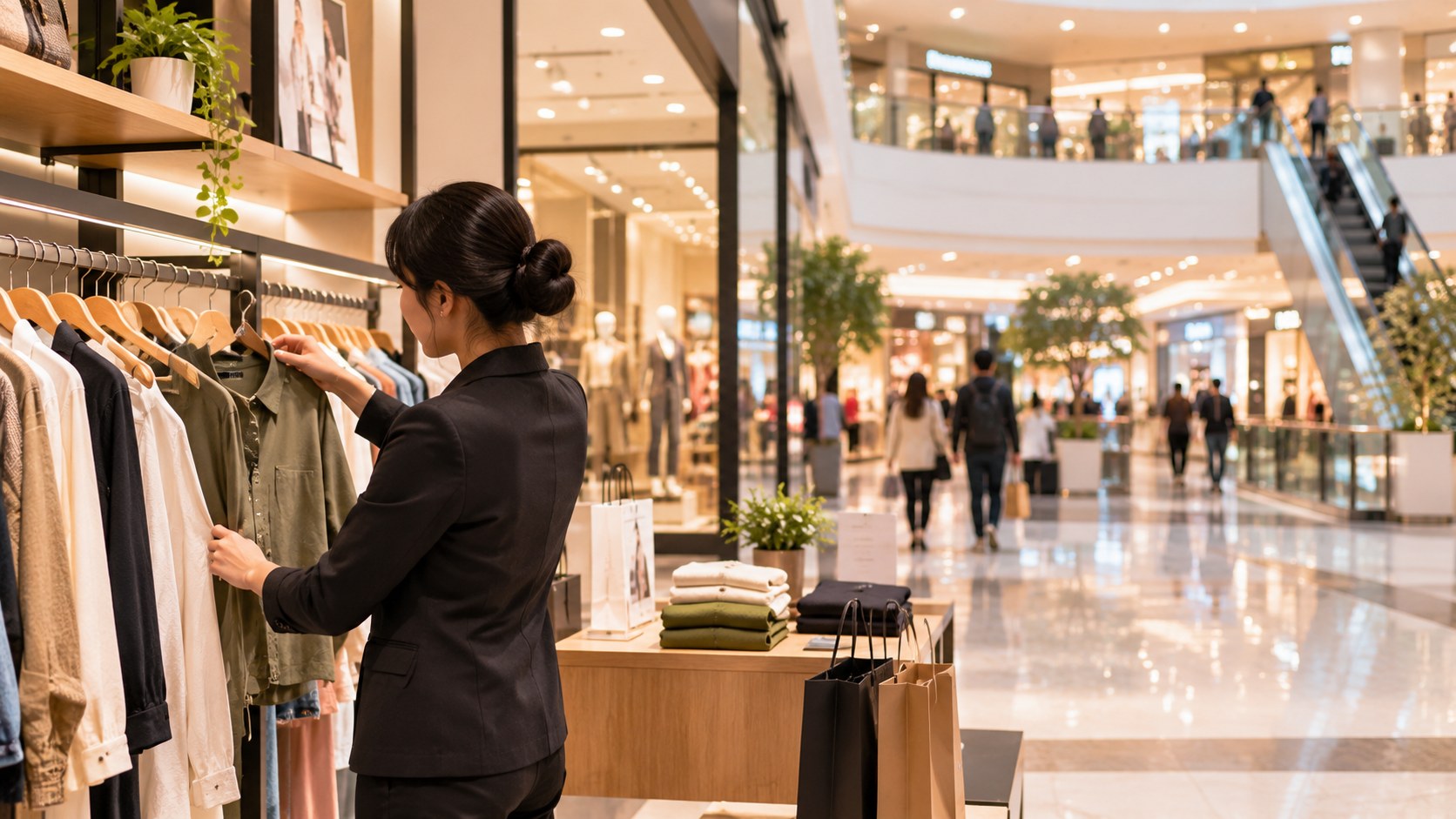 Retail associate arranging merchandise in a shopping mall