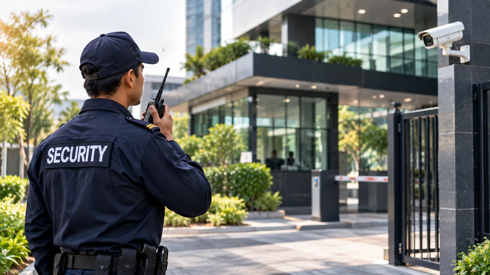 Security guard on patrol outside a commercial building
