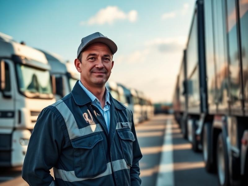 Professional driver beside a logistics fleet